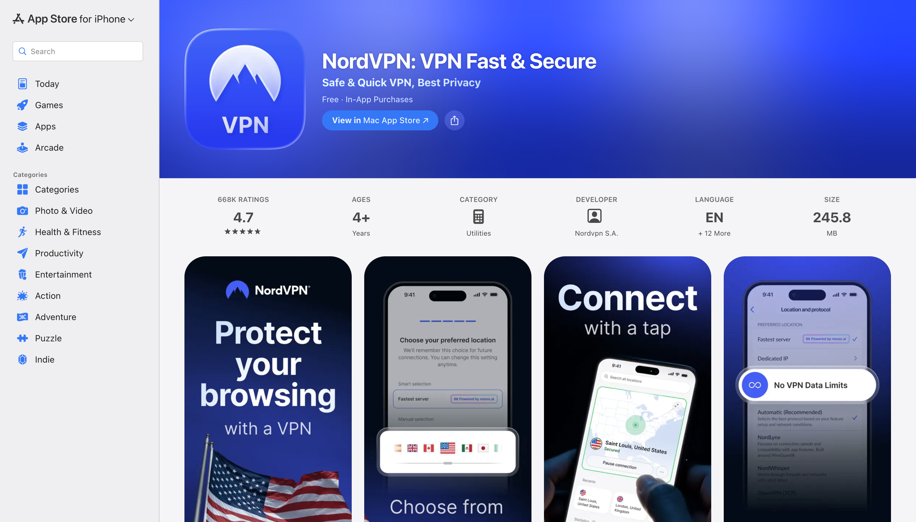 App StoreのNordVPNダウンロード画面（評価4.7 / 66万件以上）